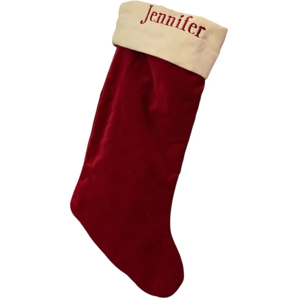 Pottery Barn Classic Jennifer Monogram Red Ivory Velvet Christmas Stocking